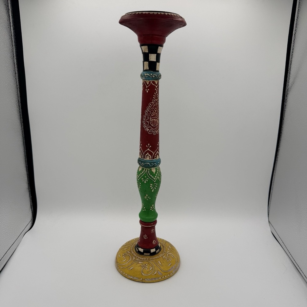 Hand Painted Indian Wood Candlestick 15" Folk Art Boho Colorful Candle Holder